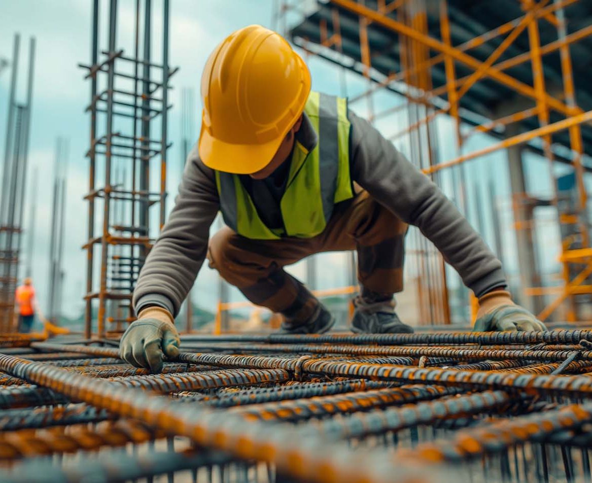 A man in a hard hat and safety vest working in construction.